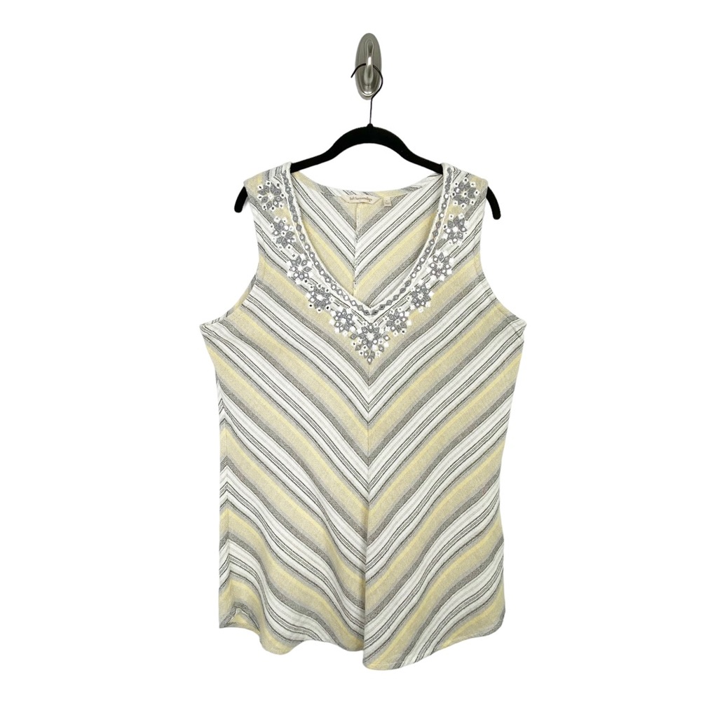 Soft Surroundings Yellow Gray Cotton Chevron Embellished Tank Top Size Large